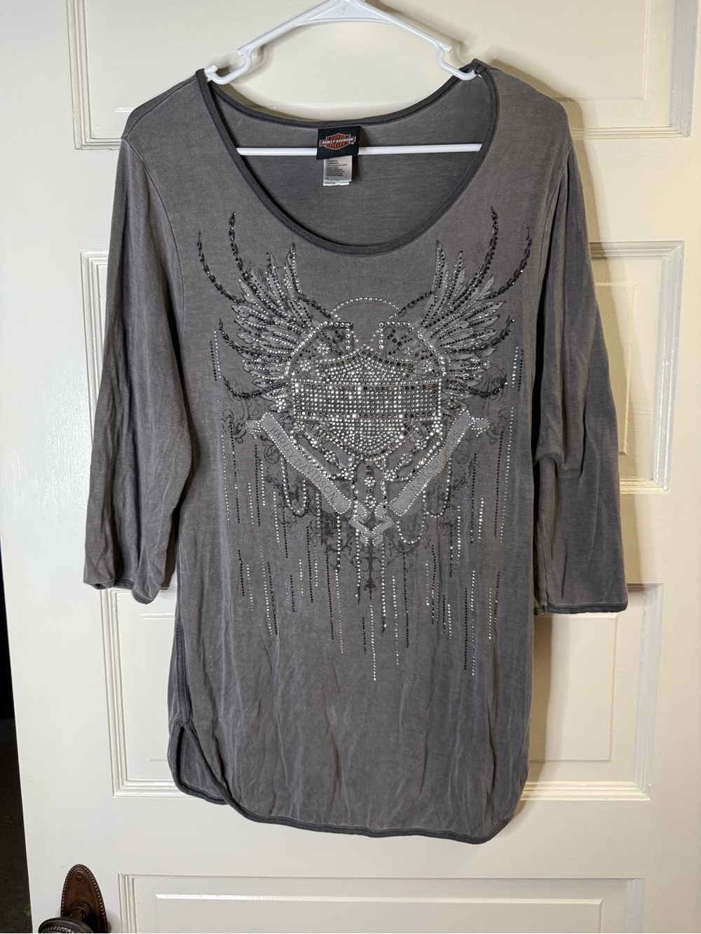 Harley-Davidson Women's Charcoal Rhinestone Wing Graphic Top